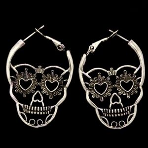 Sugar Skull Heart Eyes Silver Earrings Day of the Dead Skulls Line Art Hoops